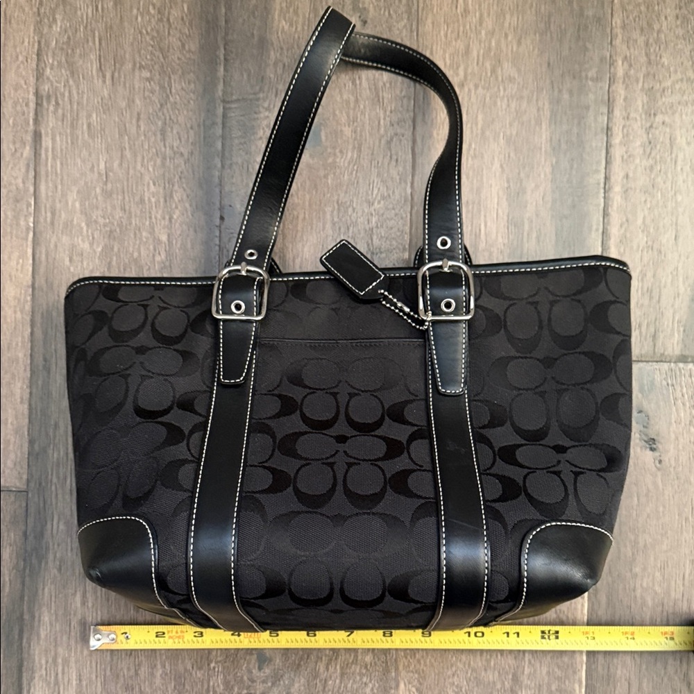 Coach Black Signature Tote with Leather Trim